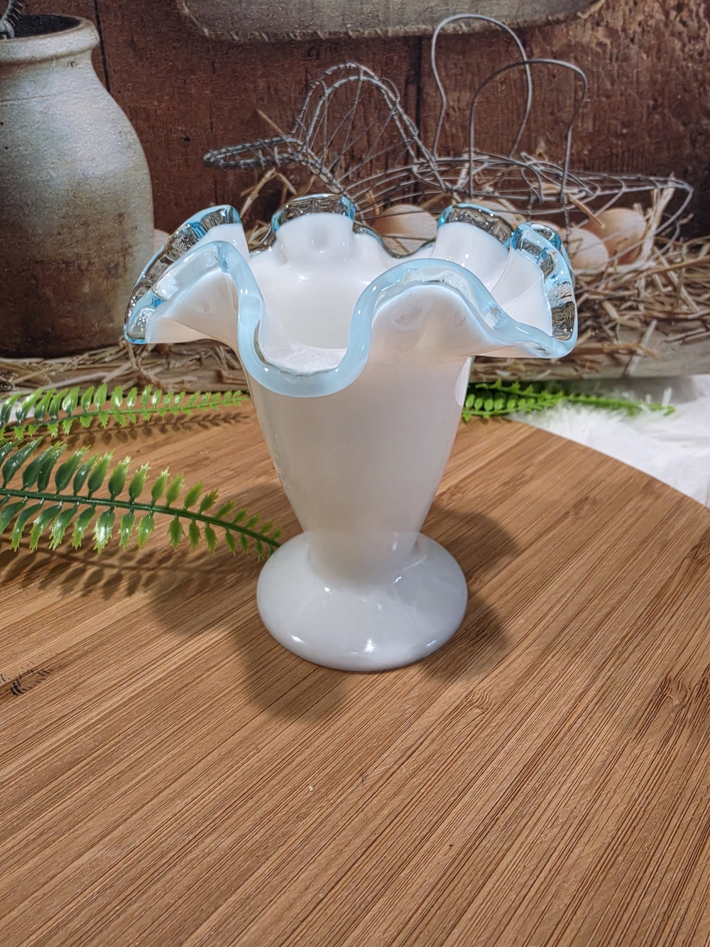 Fenton Milk Glass Vase with Pale Blue Crested Rim